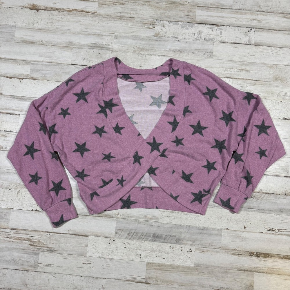 Self Esteem Star Print Cropped Wrap Sweater Lilac & Gray Juniors Size Small